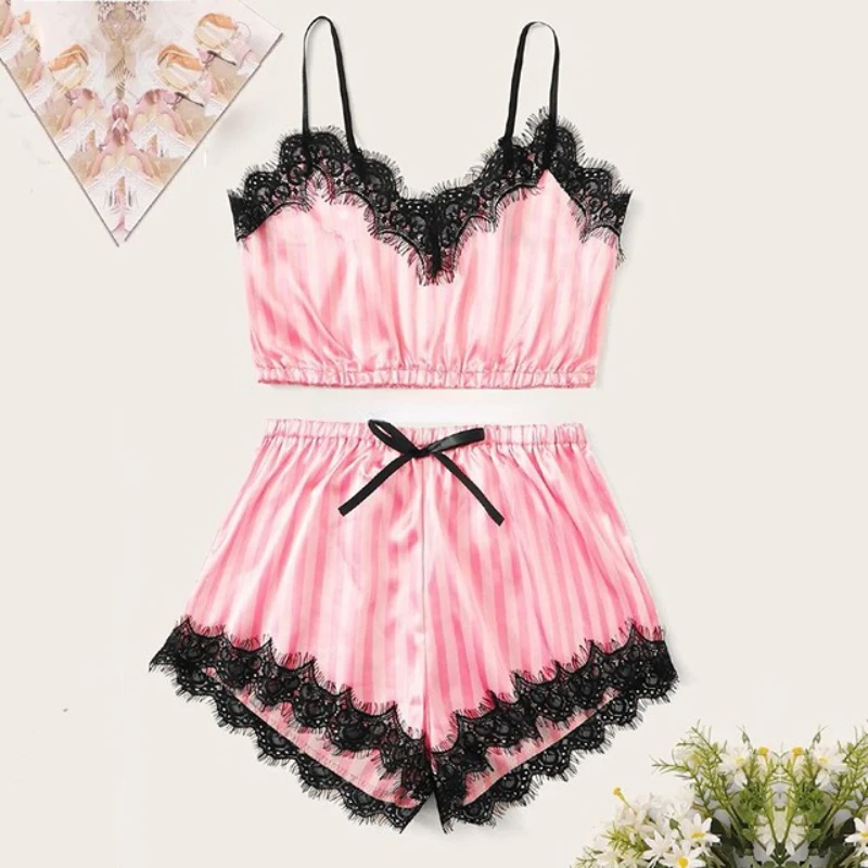 

2023 New Design Pink Pajamas Set Women's Lace Satin Sexy Lingerie Pajamas Girls Cute Sexy Casual Loungewear Pajamas