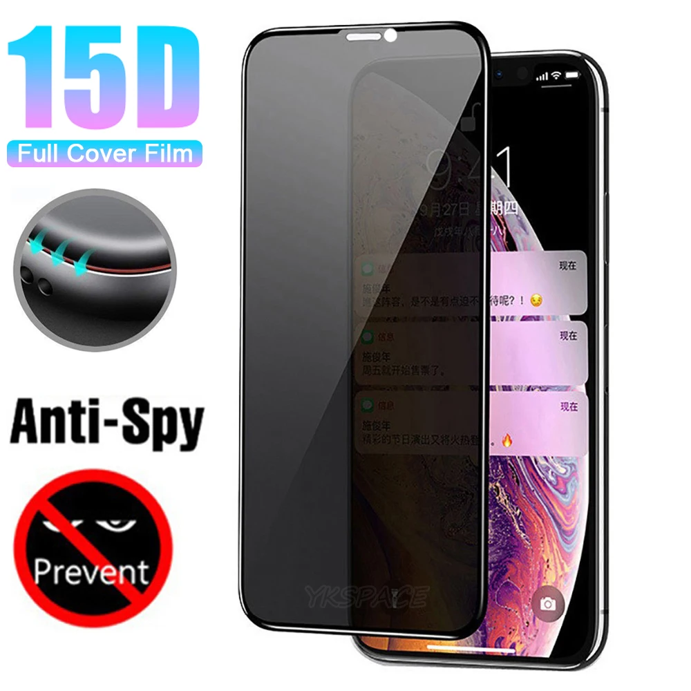 

15D Curved Full Cover Privacy Screen Protector For iPhone X XR XS 11 12 13 mini Pro Max Anti Spy Glare Peeping 3D Tempered Glass
