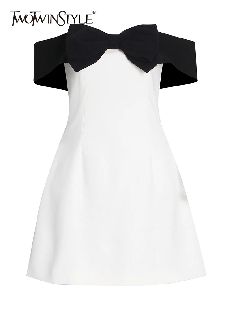 

TWOTWINSTYLE Korean Fashion Dress For Women Slash Neck Short Sleeve High Waist Patchwork Bowknot Colorblock Mini Dresses Females