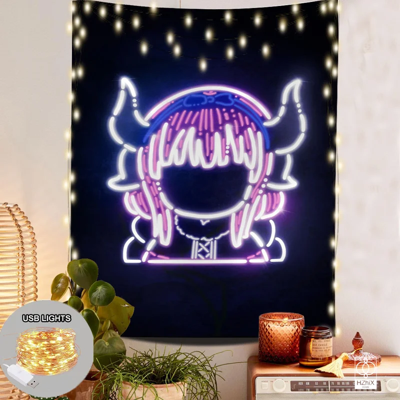 

Dragon Girl Neon Glow Tapestry with Lights Anime Fluorescence Tapestries Wall Hanging Kawaii Room Decor Decoration Aesthetic