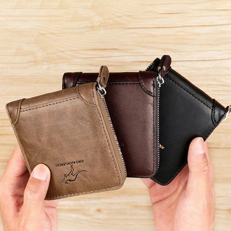 Leather Men’s Wallet Luxury Mens	Purse Male Zipper Card Holders with Coin Pocket Rfid Wallets Gifts for Men Money Bag images - 6