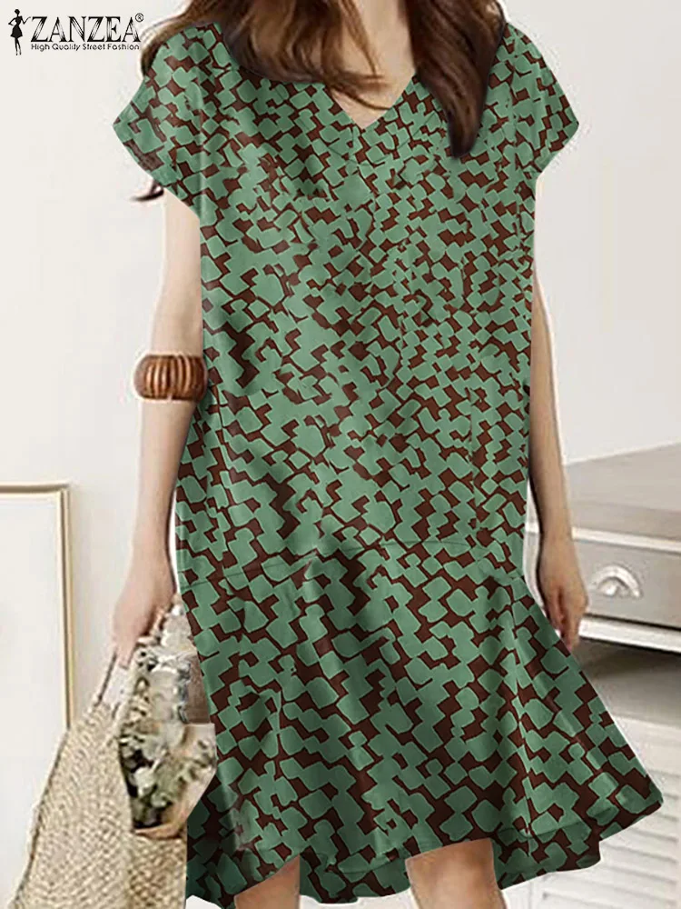 

ZANZEA Women Summer Printed Short Dresses Bohemian Holiday Elegant Casual Dresses V-Neck Sleeveless Beach Baggy Sundress 2022