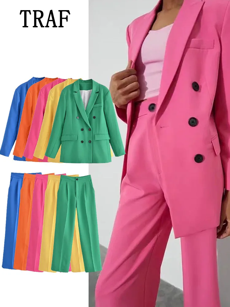 

TRAF ZA ree New Women 2 Pieces Sets Double Breasted Suit Sets Candy Colors Casual Office Elegant Woman Jackets Long Sleeve Sets