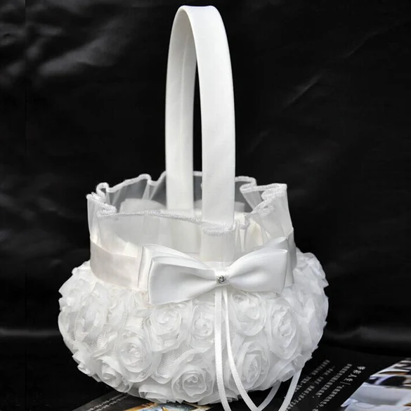White Ivory Bow Wedding Blower Basket Ceremony Festive Party Love Case Satin Flower Girl for Supplies | Дом и сад