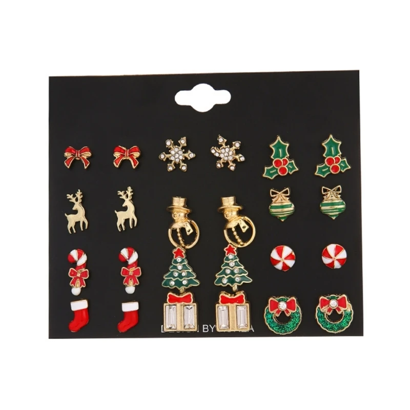 

12 Pairs Snowflake Wreath Tree Stud Earrings Xmas Crutch Bow Earring Gifts