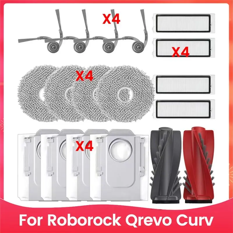 Фото A74E-Запасные части для робота-пылесоса Roborock Qrevo Curv: основная и боковая щетки, HEPA-фильтры, тряпки для мытья пола, мешки для пыли. №1