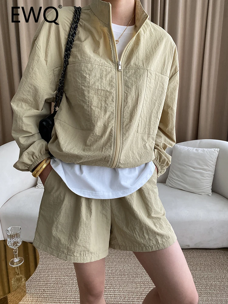 

EWQ Sun Prevention 2 Piece Set For Women Zipper Stand Neck Long Sleeve Jackets High Wait Shorts 2023 Summer New Clothing 26D3599