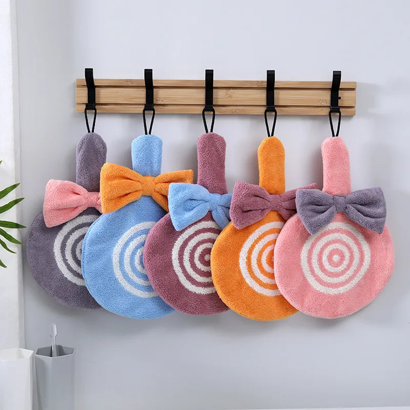 

1Pc Lollipop Shape With Bow Coral Velvet Kitchen Toilet Washcloth Absorption Quick Drying Children Baby Soft Hand Towel