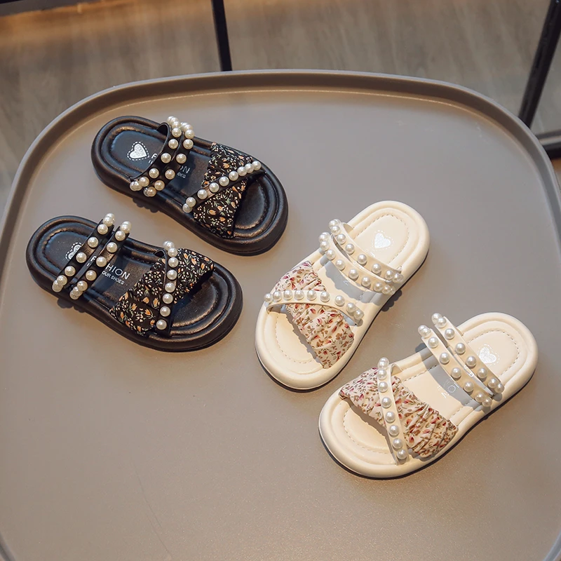

Girls' Slippers Beach Shoes Summer New Fashion Pearl Sandals Outside To Wear Baby Shoes Soft Soles Non-slip