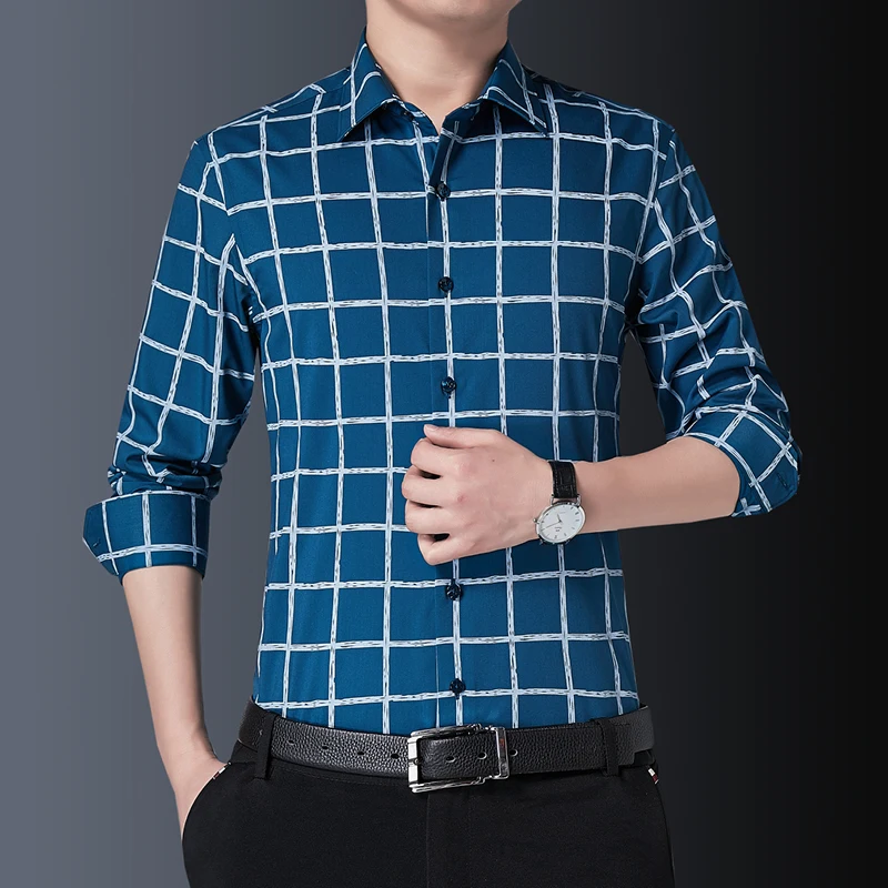 

BROWON Quality Men Shirts Spring and Autumn Fashion Plaid Slim Dress Shirt Long Sleeve Turn-Down Work Office Casual Shirts Men