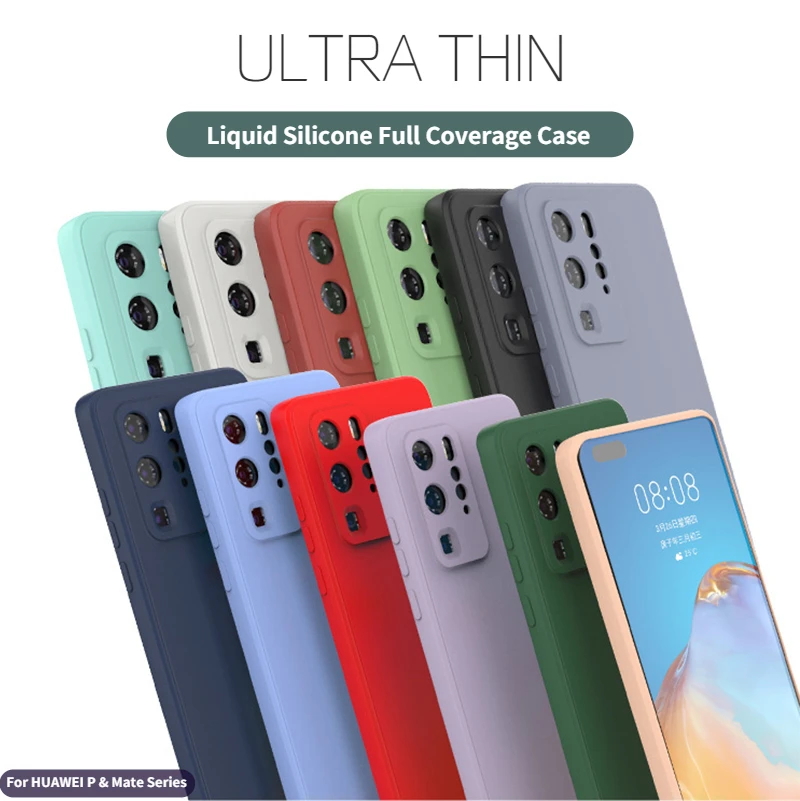 

Чехлы для HUAWEI P10, P20, P30, P40, P50, Mate9, Mate10, Mate20, Mate30, Mate40, ультратонкие квадратные края, жидкий силиконовый чехол с полным покрытием для объектива