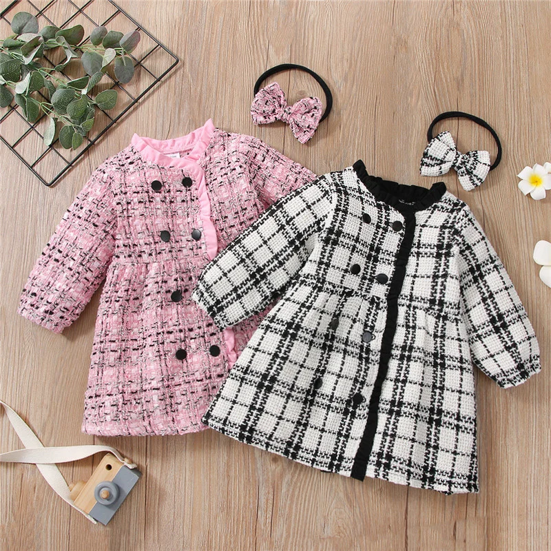 

Girls Outerwear Clothing Spring Autumn Children Fashion Dress Coat+Headband 2pcs Party Suits For Baby Toddler Woolen Jacket 2022