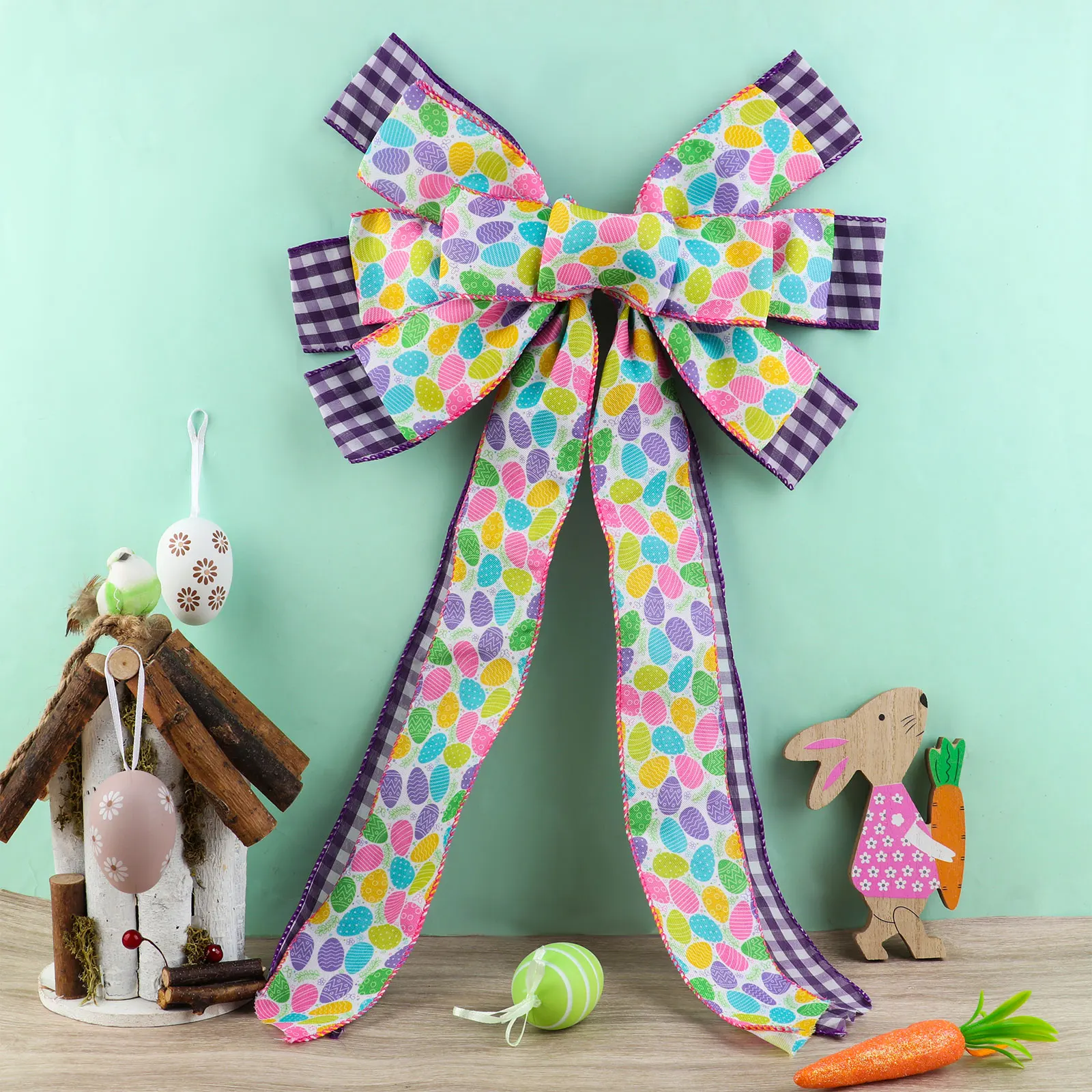 

2Pcs Imitation Linen Webbing Iron Wire Edge Linen Ribbon Easter Decoration Ribbon Bow Knot Egg Lattice