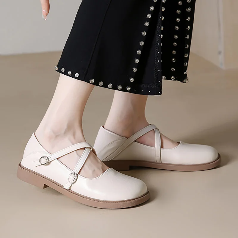 

Women Flats Double Buckle Oxford Shoes Woman Mary Jane Cross-tied Girls Shoes Round Toe Leather Casual Shoes Spring Autumn