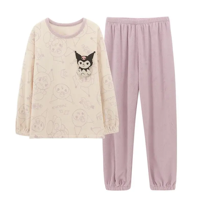 

Cartoon Kuromi Plush Pajamas Kawaii Autumn Winter Thin Velvet Round Neck Home Clothing Loose Leisure Two Piece Festival Gifts