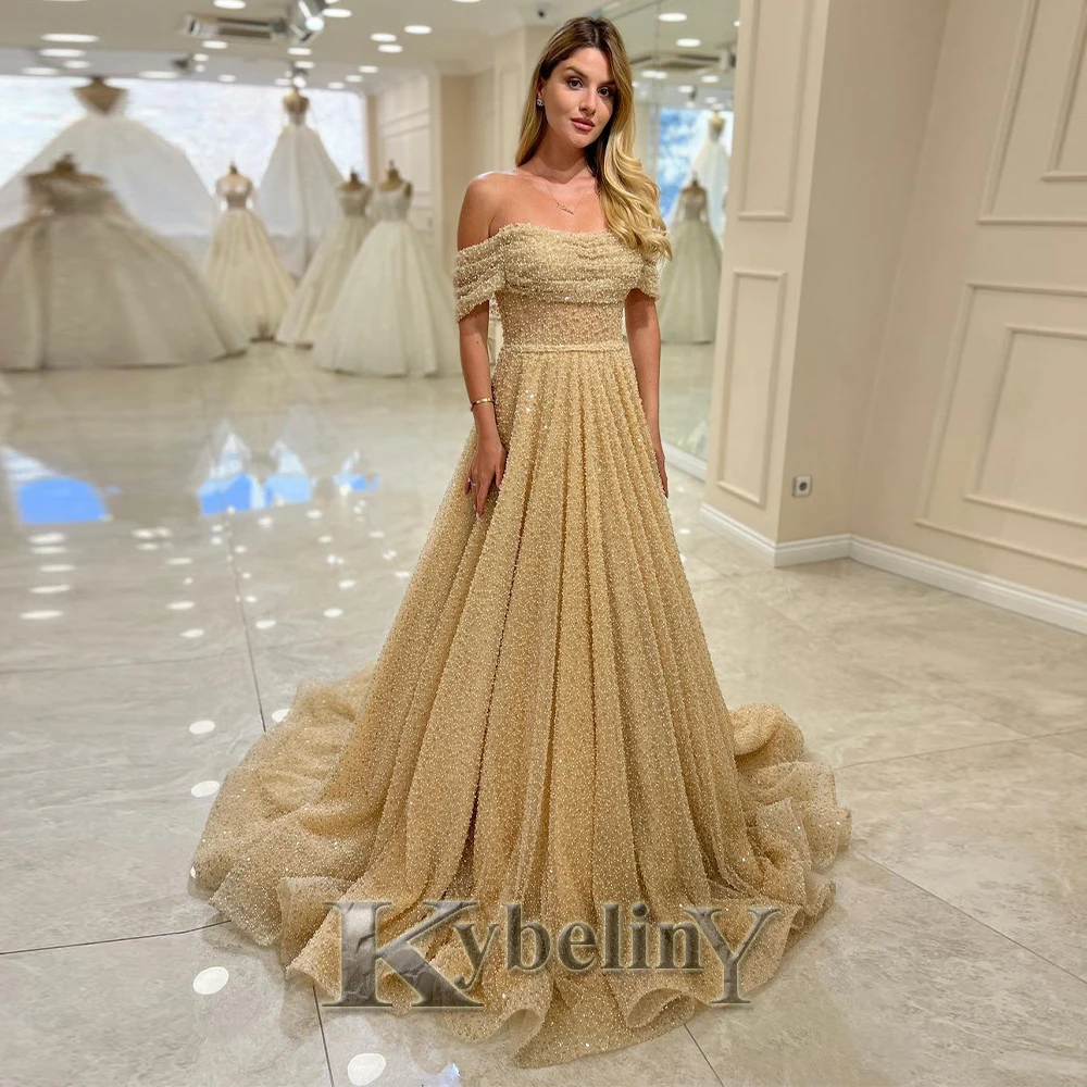 

Kybeliny Sparkly Prom Dresses For Woman 2024 Off Shoulder Pleat A-line Evening Gowns Vestidos De Fiesta Party Made To Order