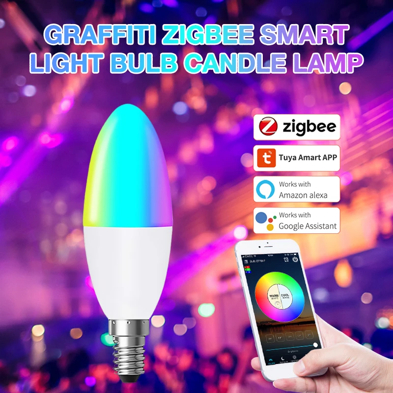 

Tuya Zigbee 3.0 LED Candle Light Bulb, E14 5W 85-265V Smart Home RGB+W+C Dimmable Lamp Work With Alexa Home Assistant