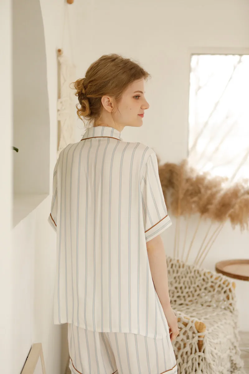 Sleepwear Women Set Summer Fashion Stripe Little Prince Print Pocket Short-sleeved Lapel Cardigan Shorts Loungewear Woman Pijama