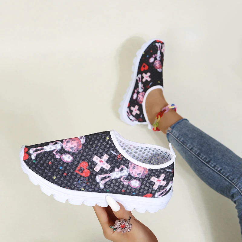 

Nurse Shoes Ladies Print Breathable Sneakers Ladies Lightweight Non-Slip Flat Shoes Ladies Soft Sole Casual Sneakers
