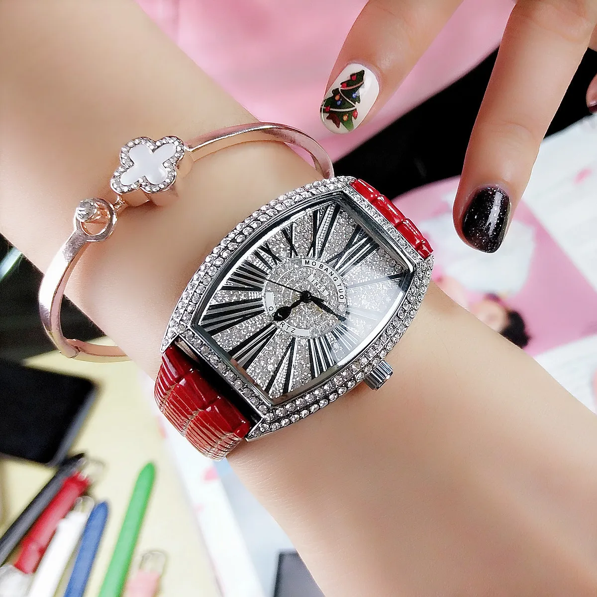 Ladies Diamond Watch Women Tonneau Dial Stone Iced Out Female Girls Wristwatch Rhinestone Luxury Genuine Leather Reloj