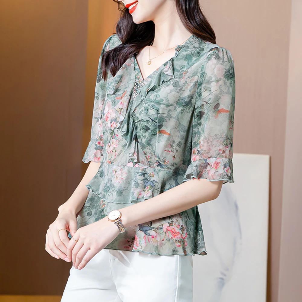 

Women Summer Style Satin Blouses Shirts Short Sleeve V-Neck Printed Blouses Tops Female Double Layer Stitching Casual Shirts
