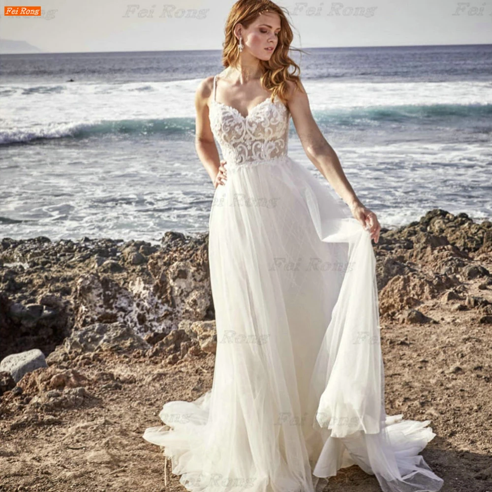 

Bohemian Beach Wedding Dress Spaghetti Straps V Neck Robe De Mariée Lace Appliques Customized Bridal Dresses Vestidos De Novia