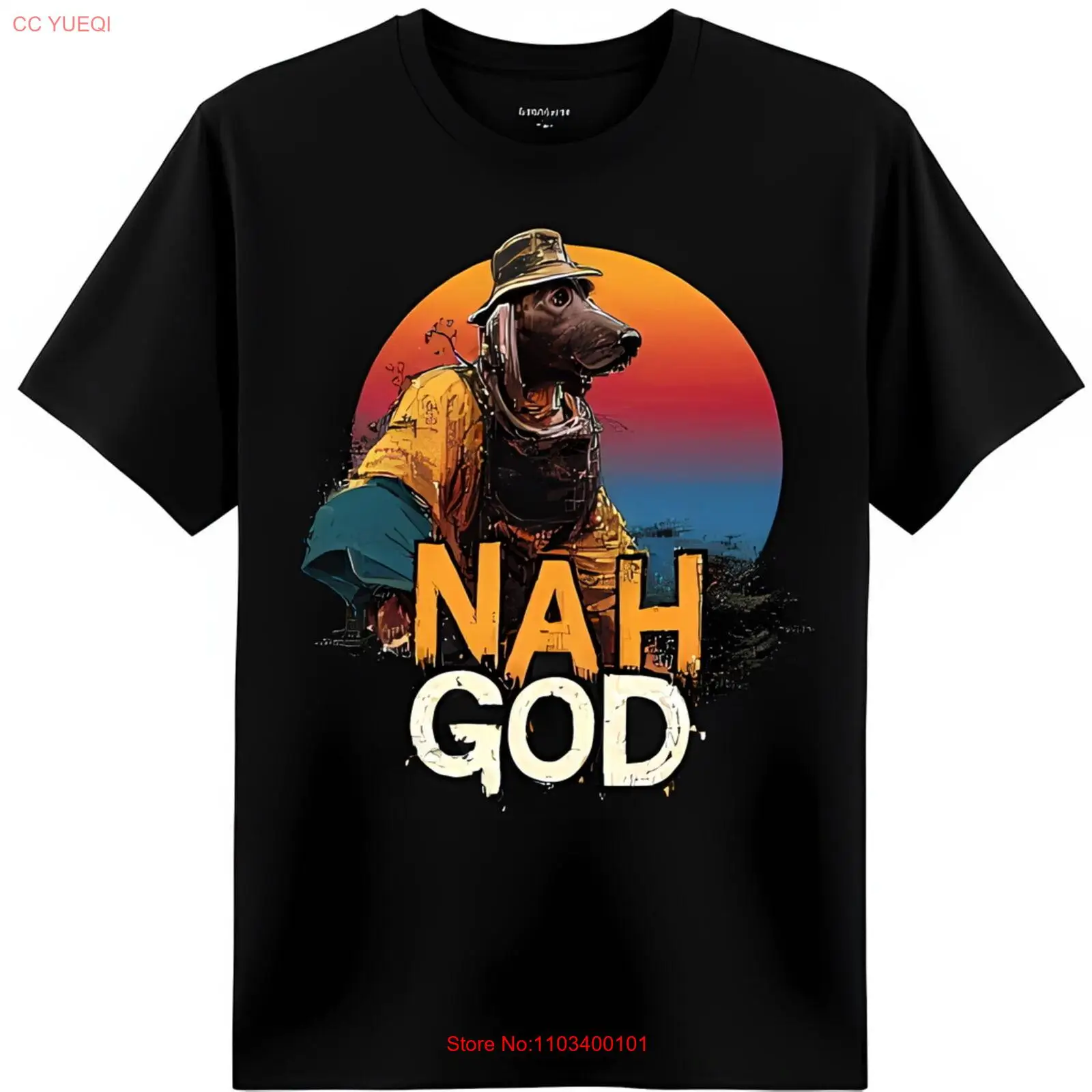 Забавная черная футболка с изображением игривой собаки в фоне заката и текстом NAH