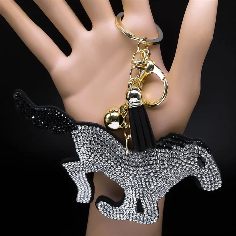 Horse Running Keychain for Women Men Tassel Crystal Gold Col