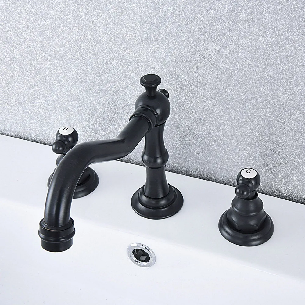 

Black Oil Rubbed Brass Deck Mounted Dual Handles Widespread Bathroom 3 Holes Basin Faucet Mixer Water Taps msf540