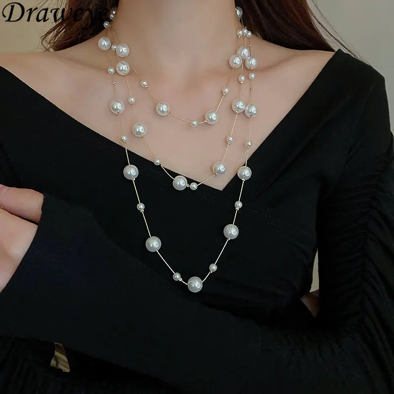

Draweye Sweater Chains Pearls Beads Multilayer Korean Fashion Necklaces for Women Luxury Quality Jewelry Round Necklace