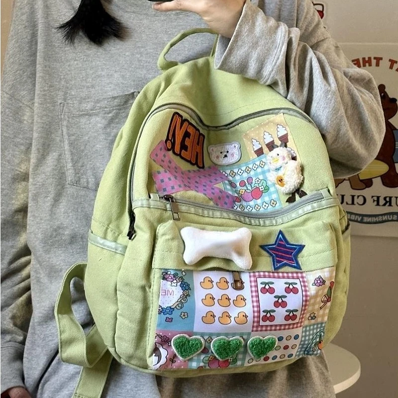 

Women's Backpack Patch Cute Girl Shoulder Bag Stereo Bone HEY Letter Bag Student Schoolbag Large Capacity Y2K Harajuku Backpack
