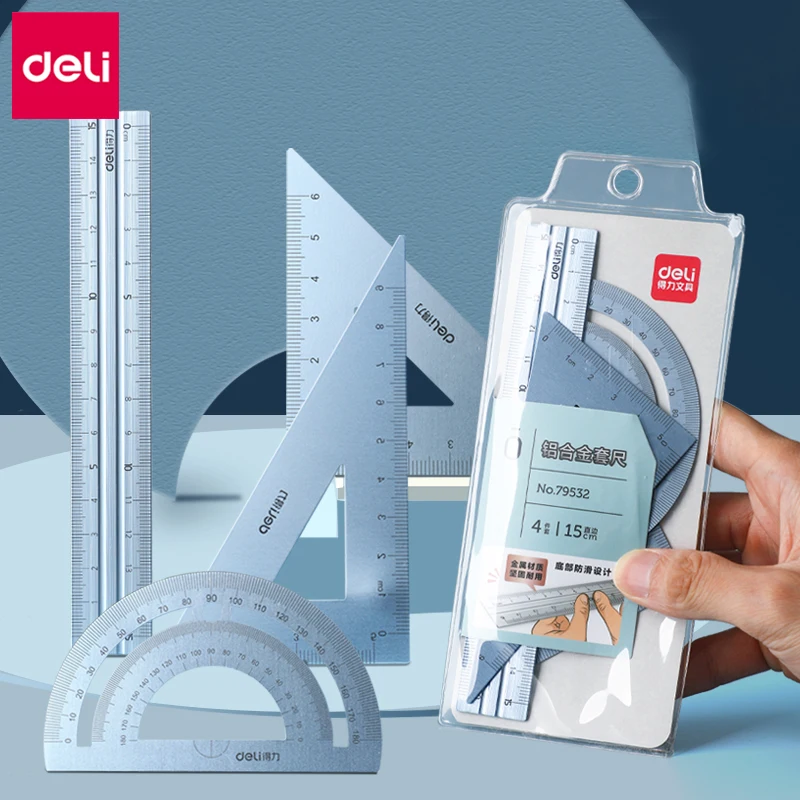 

Deli Metal Ruler 4 in 1 Stationery Set Aluminum Alloy Multifunctional Combination Ruler Ruler Triangle Protractor Alloy Drawing