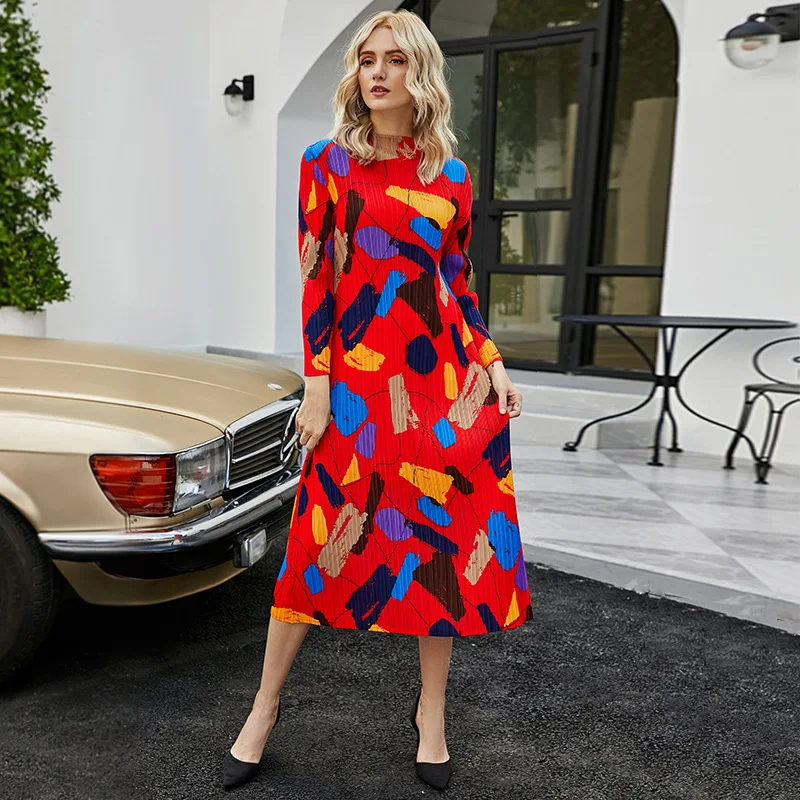 

SuperAen 2022 New Printing Geometric A-line Pleated Loose STAND Mid-Calf Casual Dress for Women