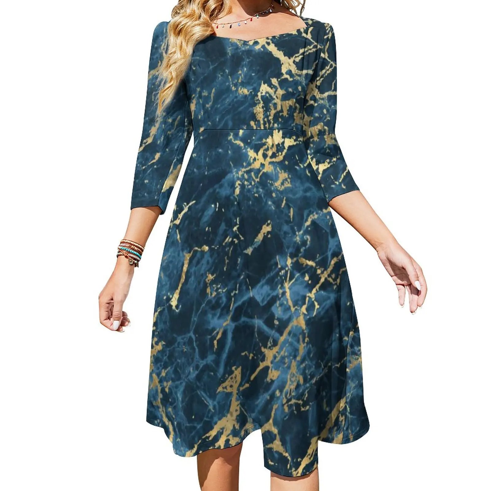 

Marble Blue Glod Casual Dress Natural Stone Pattern Street Style Dresses Spring Sexy Retro Dress Print Vestido Plus Size