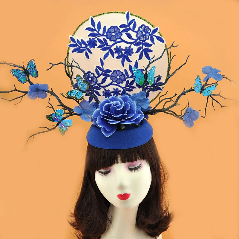 

Chinese Ancient Style Blue And White Porcelain Series Creative Headwear Catwalk Model Makeup Modeling Girl Scrunchies