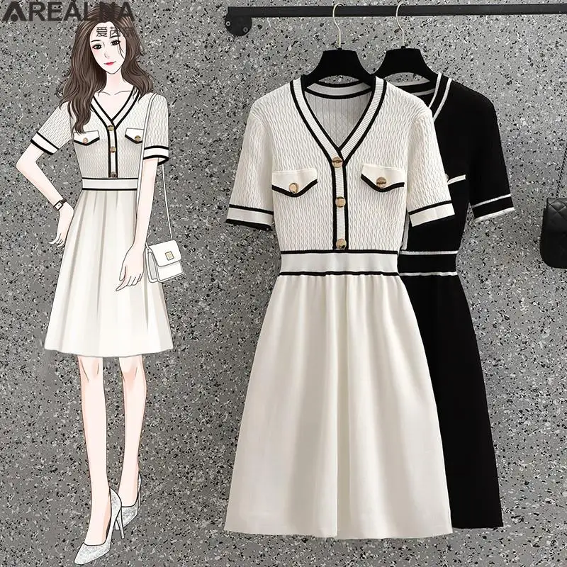

L- 4XL Summer black white Knit Dress Runway Women Short Sleeve V-neck Bodycon Party Dress Fashion Buttons dresses for women 2022