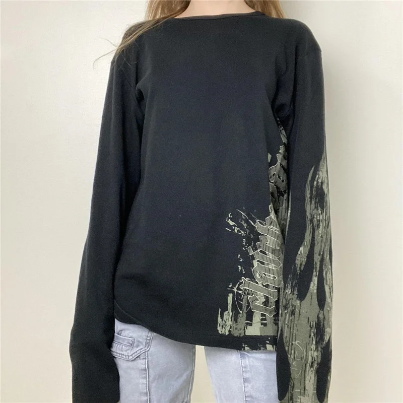 

Gothic Tops y2k 2000s Aesthetic Women Letter Print Round Neck Long Sleeve T Shirt Dark Academia Clothes Streetwear