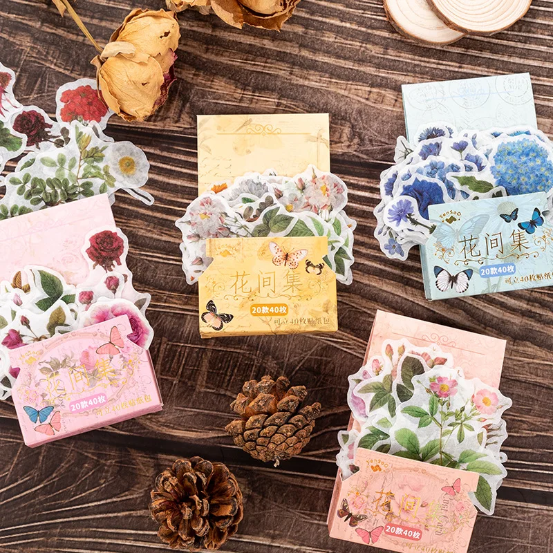 

40 Sheets Vintage Flowers Stickers DIY Diary Junk Journal Decoration Plants Label Sticker Album Scrapbooking Cute Stationery