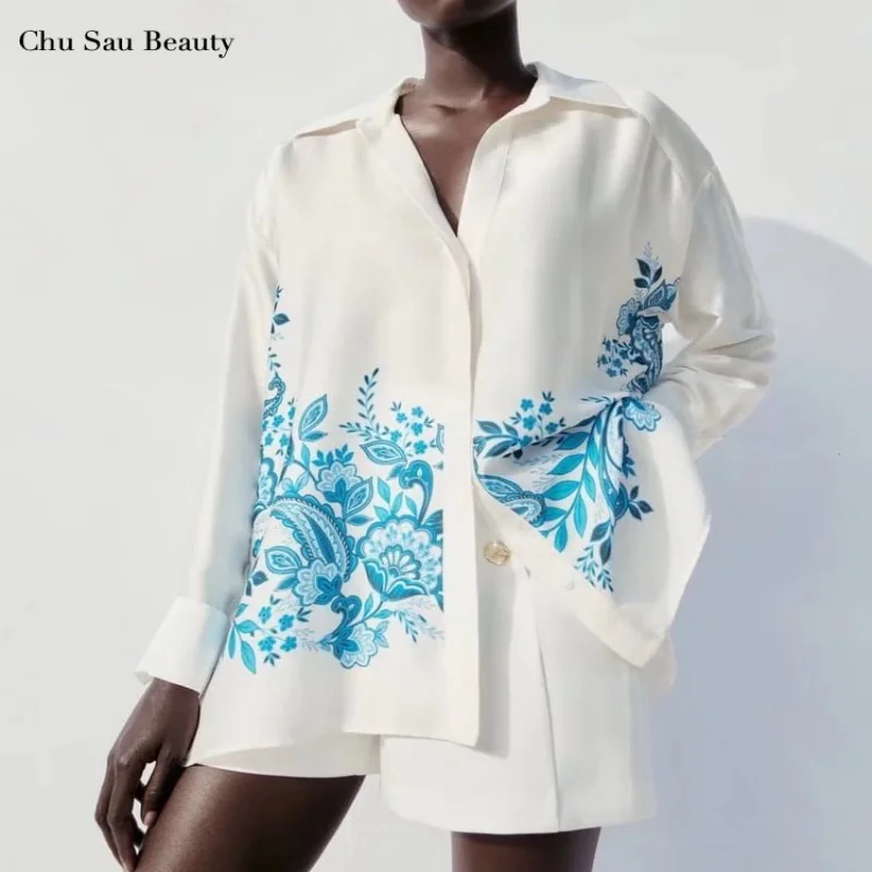

2022 Za Women Spring New Fashion Vintage Print Long Sleeve Drape Shirt Lapel Long Sleeve Loose Casual Blouse