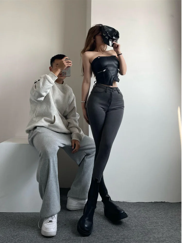 

High Sweet Style Korean Sexy Waist Elastic Thin Denim Pencil Pants Solid Color High Street Fashion Women's Clothing 6KXR