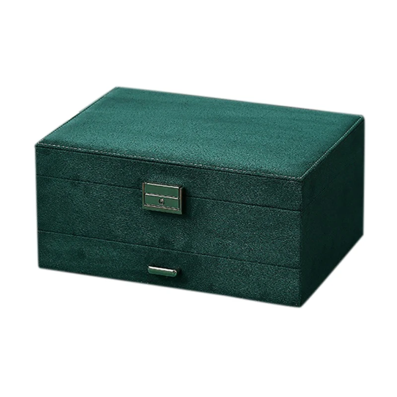 

3-Layers Green Stud Jewelry Organizer Large Ring Necklace Makeup Holder Cases Flannel Jewelry Box with Lock for Women