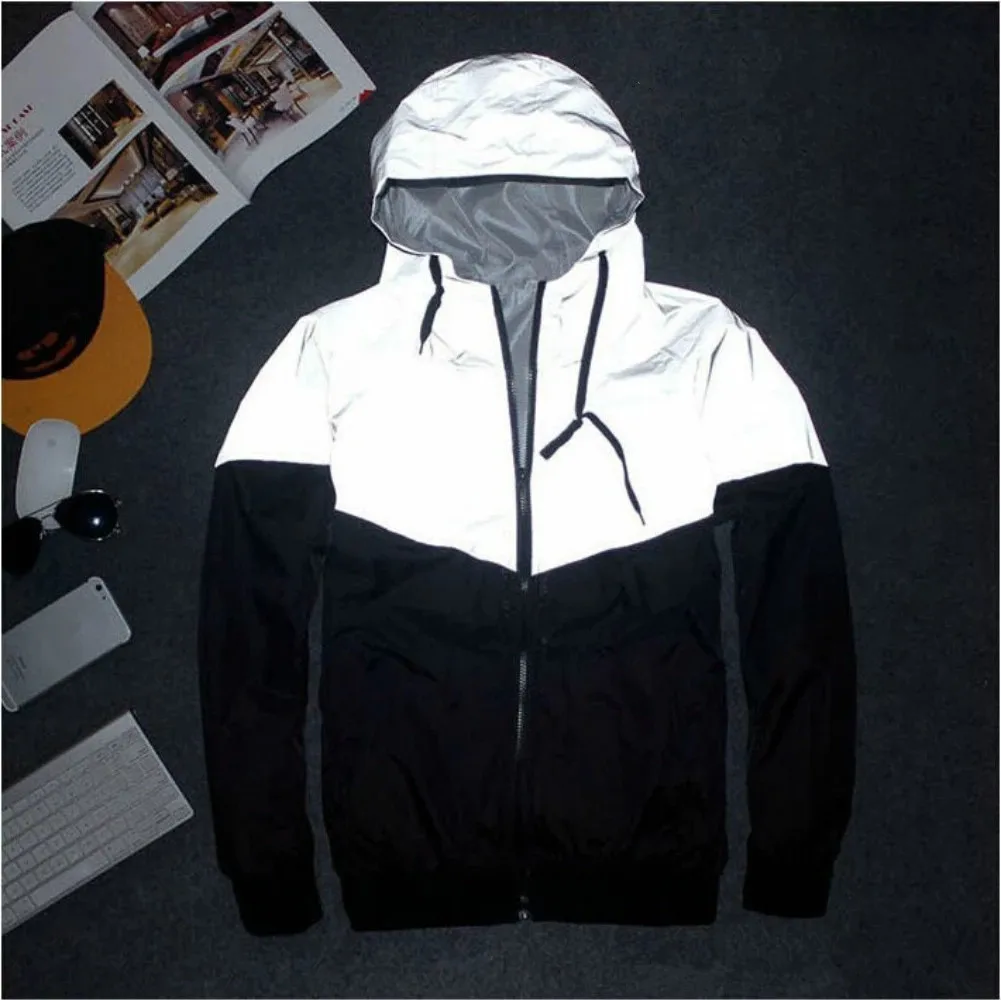 Half reflective jacket men / women harajuku windbreaker jackets hooded hip-hop streetwear night shiny zipper coat Plus Size 4XL