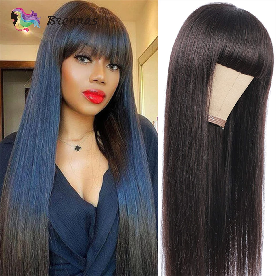 Human Hair Wig With Bangs 1B Natural Color Long Straight Malaysian Remy Hair Glueless Wigs Full Machine Made Wig For Black Women