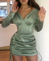 sexy party mini dress 2021 woman fashion and elegant autumn spring solid color solid color long sleeved pleated drawstring tight