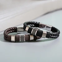 classic stainless steel mens leather bracelet luxury accessories retro wrist band christmas gifts black and brown
