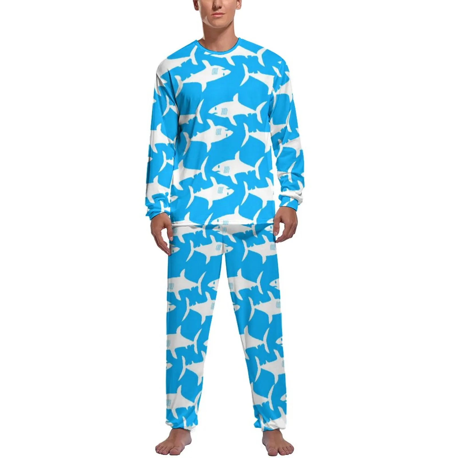 Great White Shark Pajamas Autumn Two Piece Cool Animal Print Trendy Pajama Sets Man Long Sleeve Bedroom Custom Nightwear