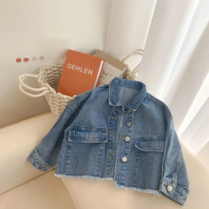 

Girls Fashion Jeans Jacket Autumn Spring Kids Korean Loose Denim Coats Children Casual Raw-edged Clothes 2-7Y Baby Girl Costumes