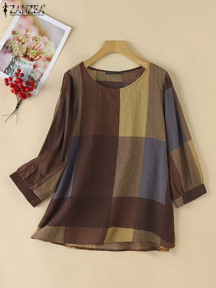 ZANZEA Женская Винтажная Клетчатая Блузка Повседневный Топ С Круглым Вырезом И