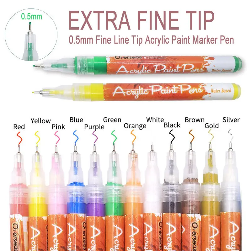

12Colors Acrylic Paint Pens Brush Marker 0.5 Fineliner Pens Waterproof, Permanent, Acrylic Pen For Writing, Drawing Rock Canvas
