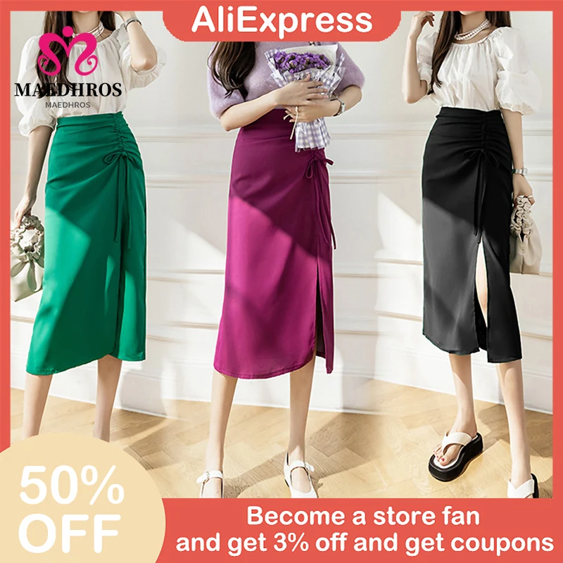 

Drawstring Lace Slit Skirt for Women Summer Female Sexy Skirt Design High Waist Long Skirt Office Lady High-end Luxury Bottoms